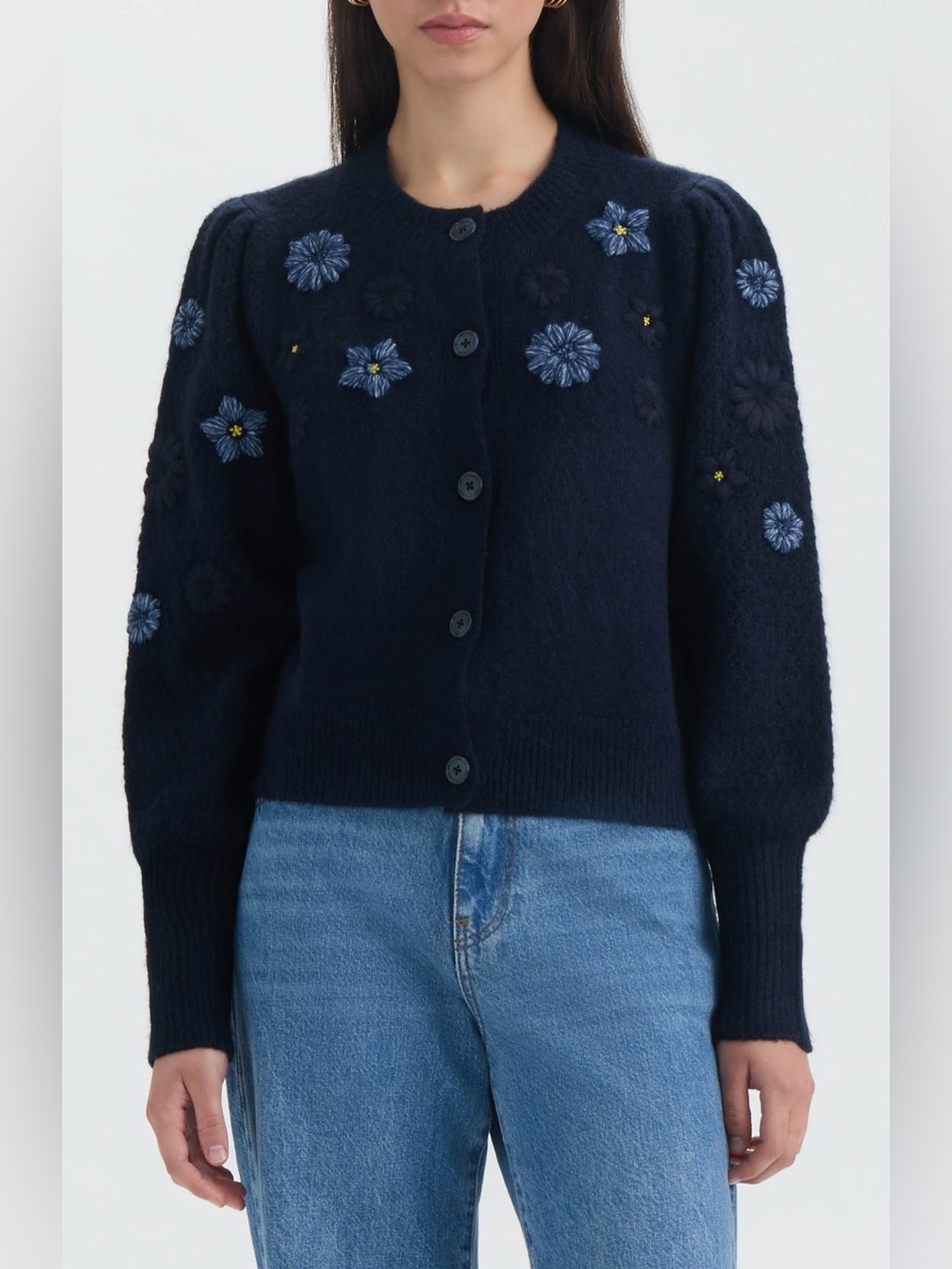 NVLT Embroidered Flower Navy Cardigan Sweater - Women Medium